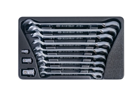 9-102A12MR - ZESTAW KLUCZY PŁASKO-OCZKOWYCH Z GRZECHOTKĄ DWUKIERUNKOWĄ 373A 12cz. 10-19mm, Z ADAPTERAMI DO NASADEK, DO WÓZKA