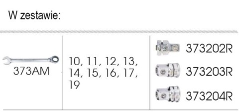 9-102A12MR - ZESTAW KLUCZY PŁASKO-OCZKOWYCH Z GRZECHOTKĄ DWUKIERUNKOWĄ 373A 12cz. 10-19mm, Z ADAPTERAMI DO NASADEK, DO WÓZKA