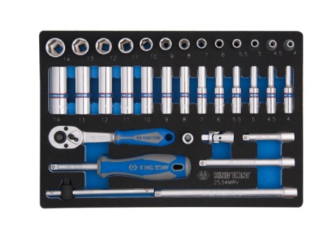 9-2534MRV - ZESTAW NASADEK 1/4" 34cz. KRÓTKIE / DŁUGIE, 6-kąt. 4 - 14mm Z AKCESORIAMI, WKŁAD Z PIANKI EVA DO WÓZKA