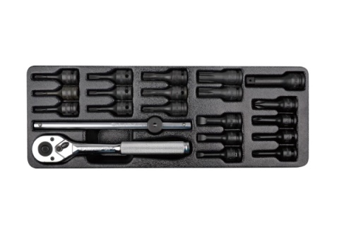 9-3421PP - ZESTAW NASADEK UDAROWYCH 3/8" 21cz. KRÓTKIE PH1-PH4, PŁASKIE 5.5-10, TORX T10-T60 Z AKCESORIAMI, WKŁAD DO WÓZKA