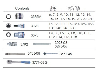 9-3545MRV - ZESTAW NASADEK 3/8" 45cz. KRÓTKIE 6-kąt.6-24mm, Z AKCESORIAMI, WKŁAD Z PIANKI EVA DO WÓZKA