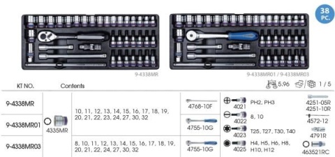 9-4338MR ZESTAW NASADEK 1/2" 38cz KRÓTKIE 6-kąt 10 - 32mm, HEX 4 - 12, ZESTAW WKRĘTAKÓW, TORX T25 - T40 Z AKCESORIAMI DO SKRZYNI