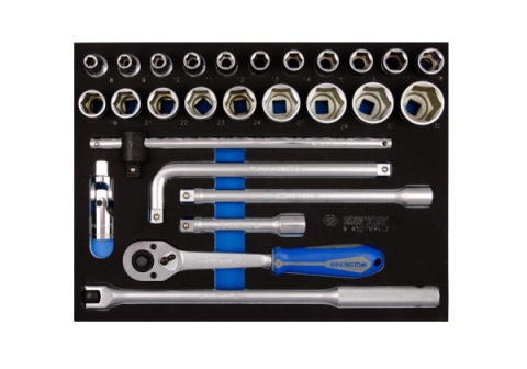 9-4527MRV02 - ZESTAW NASADEK 1/2" 27cz. KRÓTKIE 6-kąt. 8 - 32mm Z AKCESORIAMI, WKŁAD Z PIANKI EVA DO WÓZKA