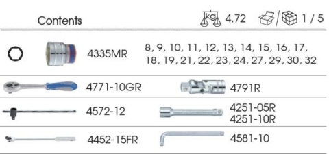 9-4527MRV02 - ZESTAW NASADEK 1/2" 27cz. KRÓTKIE 6-kąt. 8 - 32mm Z AKCESORIAMI, WKŁAD Z PIANKI EVA DO WÓZKA