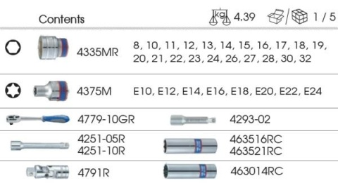 PROMOCJA - 9-4537MRV - ZESTAW NASADEK 1/2" 37cz. KRÓTKIE 6-kąt. 8 - 32mm Z AKCESORIAMI. WKŁAD Z PIANKI EVA DO WÓZKA