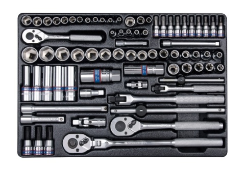 9-5575MR - ZESTAW NASADEK 1/4" + 3/8" 75cz. KRÓTKIE / DŁUGIE / IMBUSY / GWIAZDKI, 6-kąt. 4 - 22mm Z AKCESORIAMI, WKŁAD DO WÓZKA