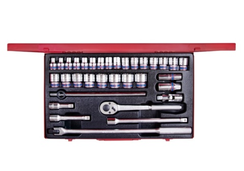 4034MR - ZESTAW NASADEK 1/2" 33cz. KRÓTKIE 12-kąt. 8 - 32mm Z GRZECHOTKĄ I AKCESORIAMI, KASETA