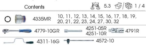 4325MR - ZESTAW NARZĘDZI 1/2" 24cz. NASADKI KRÓTKIE 6-kąt. 10 - 32mm KASETA