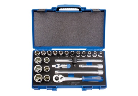 4523MRV01 - ZESTAW NASADEK 1/2" 23cz. KRÓTKIE 6-kąt. 8 - 32mm Z AKCESORIAMI, KASETA Z TWORZYWA