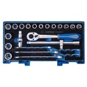 4524MRV05 - ZESTAW NASADEK 1/2" 24cz. KRÓTKIE 6-kąt. 8-24mm. KLUCZE PŁASKO OCZKOWE. AKCESORIA. WALIZKA GRATIS