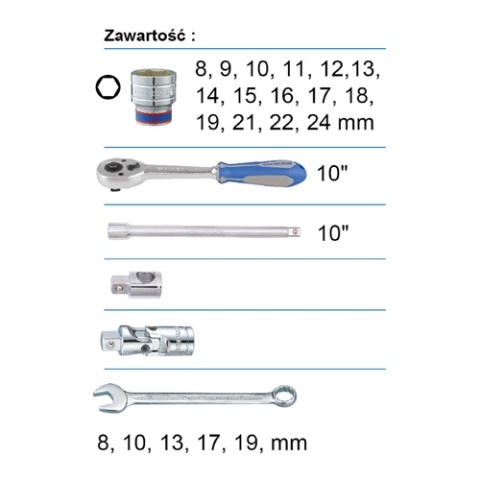 4524MRV05 - ZESTAW NASADEK 1/2" 24cz. KRÓTKIE 6-kąt. 8-24mm. KLUCZE PŁASKO OCZKOWE. AKCESORIA. WALIZKA GRATIS